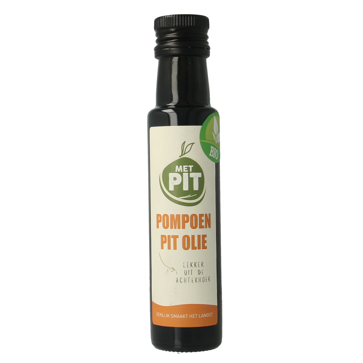 Organic pumpkin seed oil by Met PIT, 100ml bottle, with a golden hue and clear label, in a natural setting.