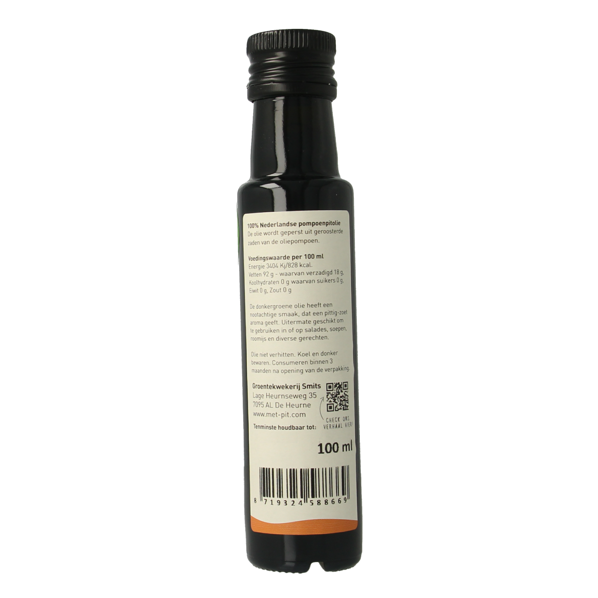 Met PIT organic pumpkin seed oil in a 100ml bottle, highlighting the clear glass container and golden oil inside.