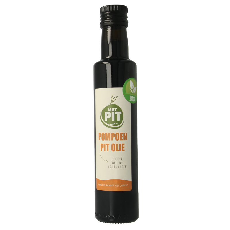 Organic pumpkin seed oil by Met PIT in a 250ml bottle, featuring a dark glass container and a natural, wholesome appearance.
