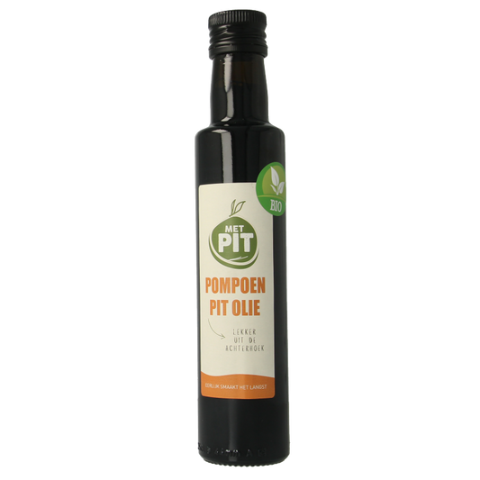 Organic pumpkin seed oil by Met PIT in a 250ml bottle, featuring a dark glass container and a natural, wholesome appearance.