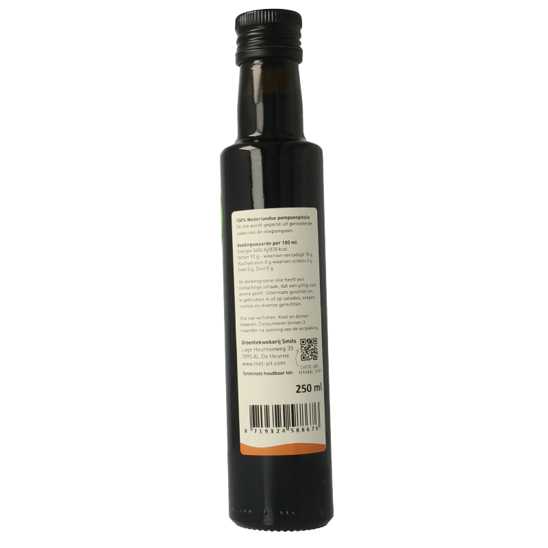 Organic pumpkin seed oil from Met PIT in a 250ml bottle, shown as a dark glass bottle with a label featuring pumpkin imagery.