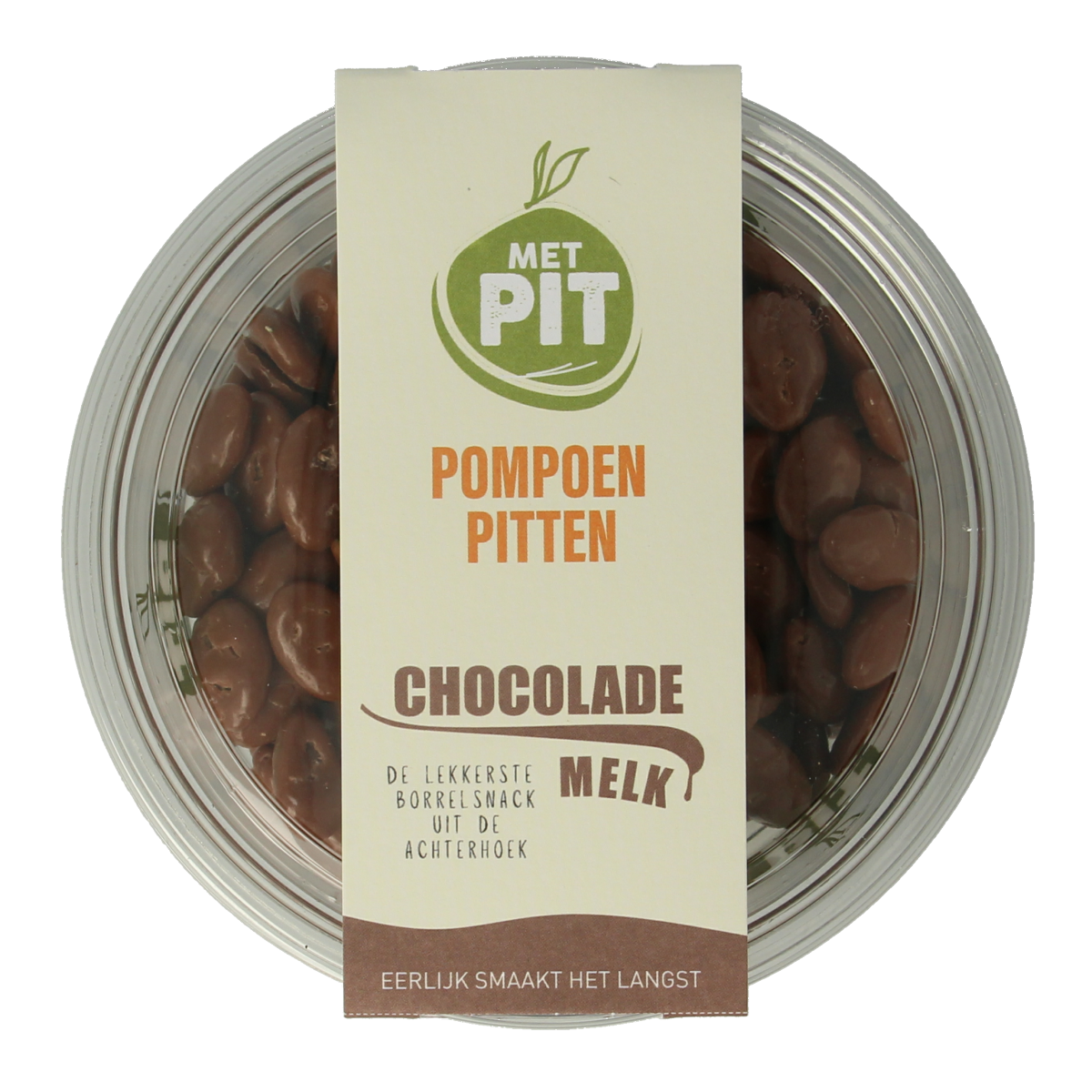 Met PIT melkchocolade met pompoenpitten snack in 150g verpakking, crunchy pumpkin seeds covered in creamy milk chocolate.