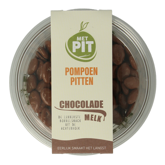 Met PIT melkchocolade met pompoenpitten snack in 150g verpakking, crunchy pumpkin seeds covered in creamy milk chocolate.