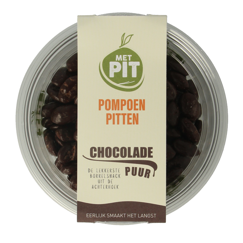 Met PIT Pompoenpitten en pure chocolade snack, 150 gram, met pompoenpitten en donkere chocolade in een aantrekkelijke verpakking