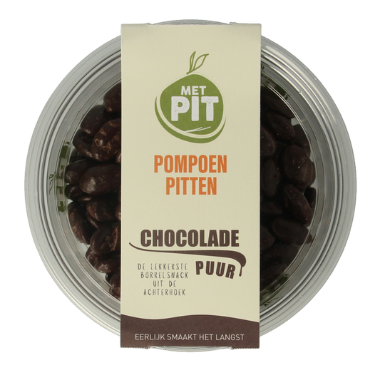 Met PIT Pompoenpitten en pure chocolade snack, 150 gram, met pompoenpitten en donkere chocolade in een aantrekkelijke verpakking