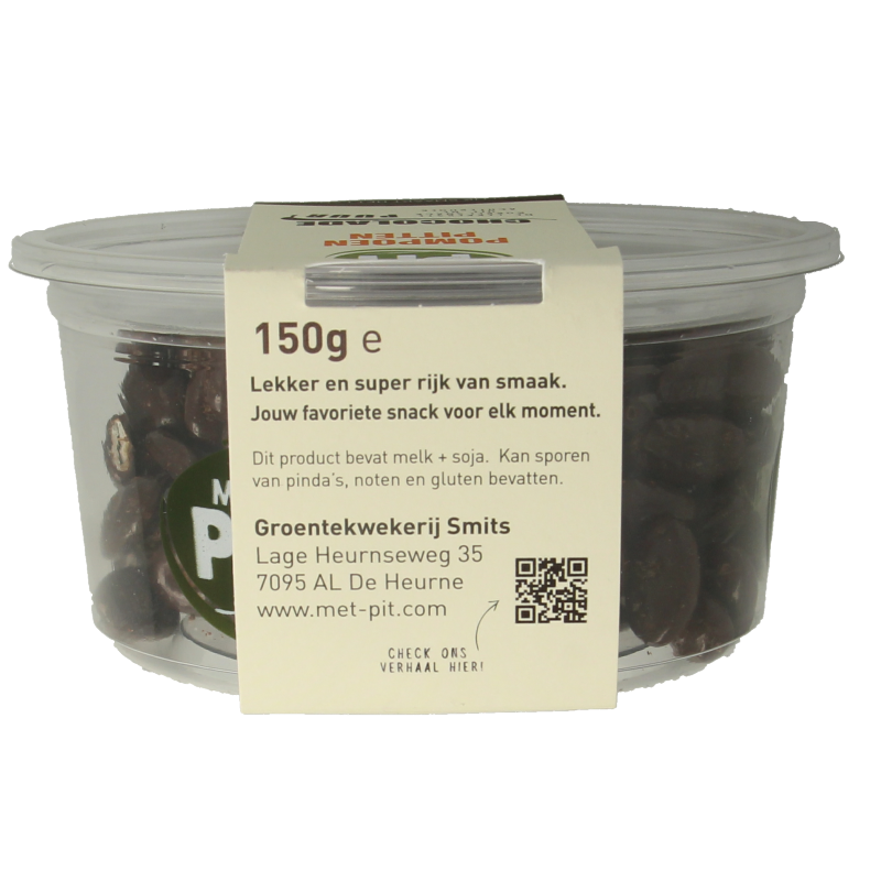 Met PIT Pompoenpitten in pure chocolade, 150g snack, featuring crunchy pumpkin seeds covered in smooth dark chocolate.