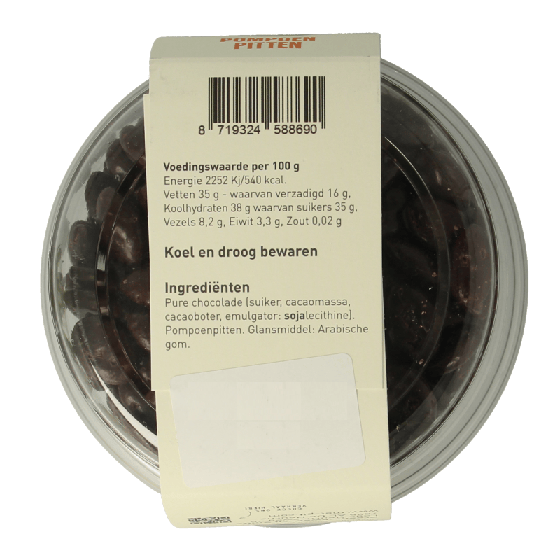 Met PIT pumpkin seeds covered in pure chocolate, 150 grams, a tasty snack and healthy treat in a clear package.