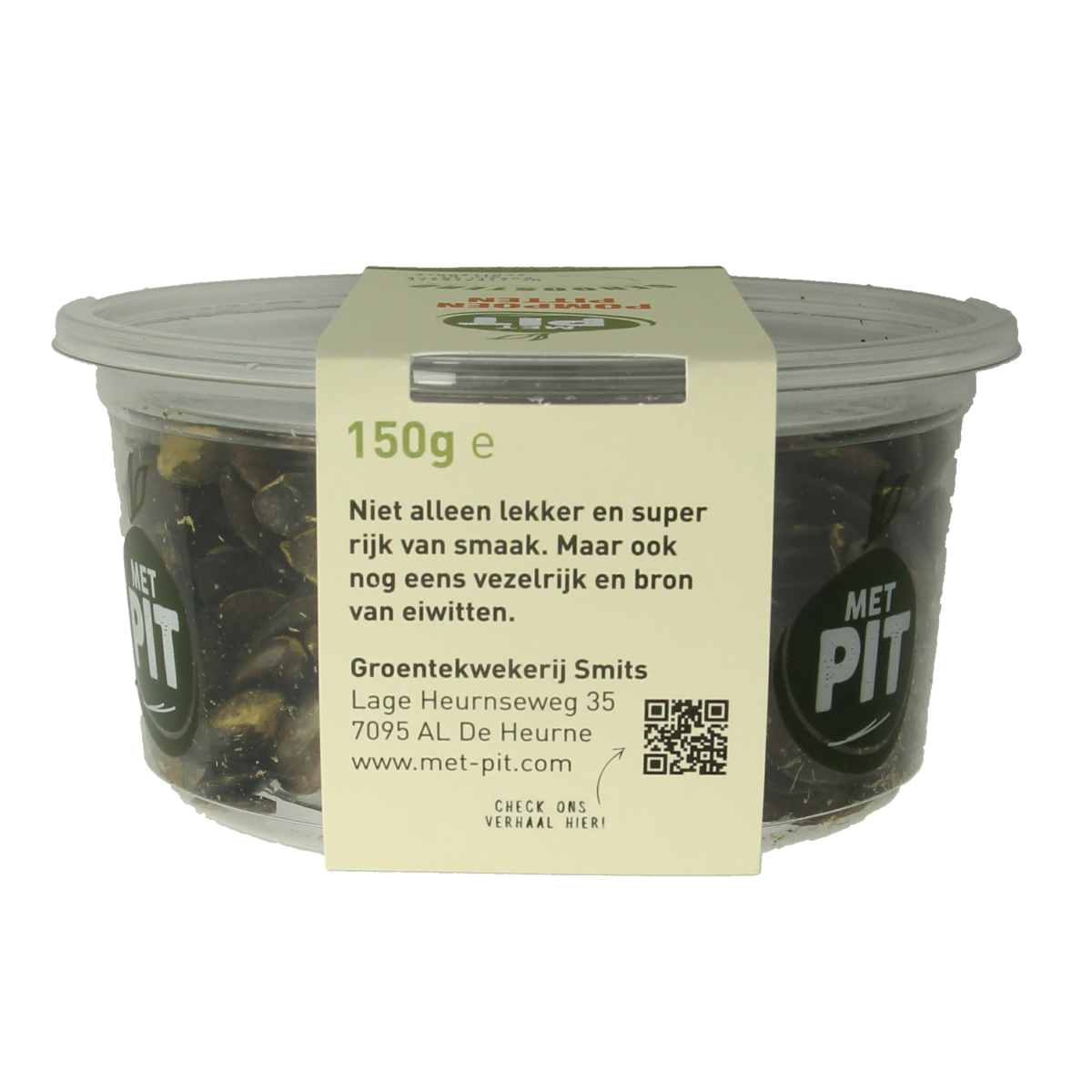 Roasted pumpkin seeds from Met PIT, 150g, raw and superfood snack with salted, crunchy pumpkin seeds in a clear bowl.