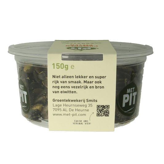 Roasted pumpkin seeds from Met PIT, 150g, raw and superfood snack with salted, crunchy pumpkin seeds in a clear bowl.