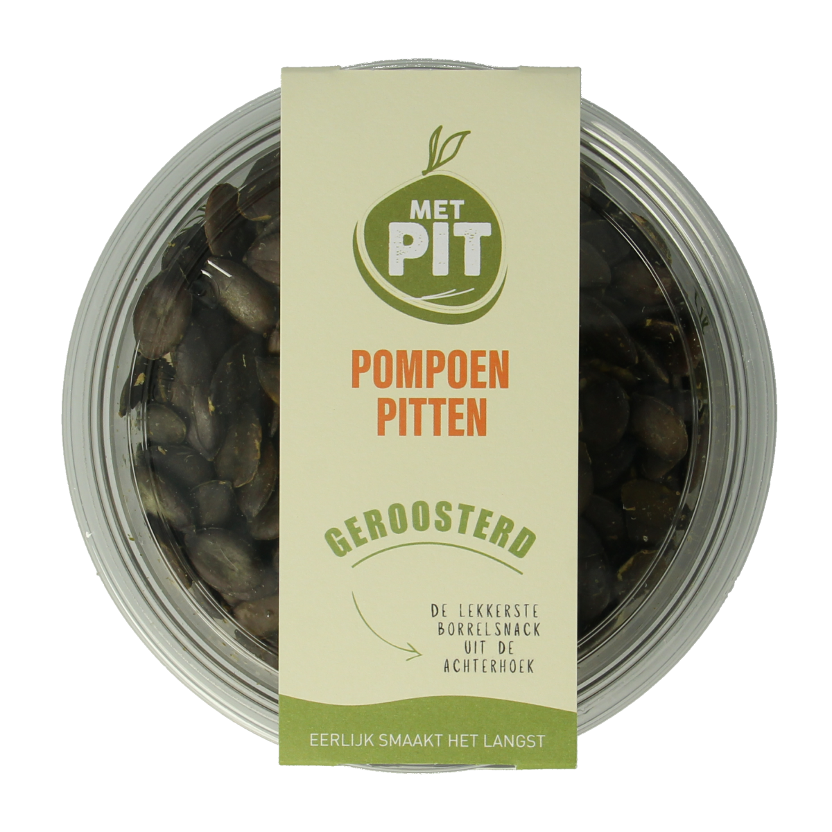 Roasted pumpkin seeds in a 150g package from Met PIT, raw superfood snack, shown in the image.