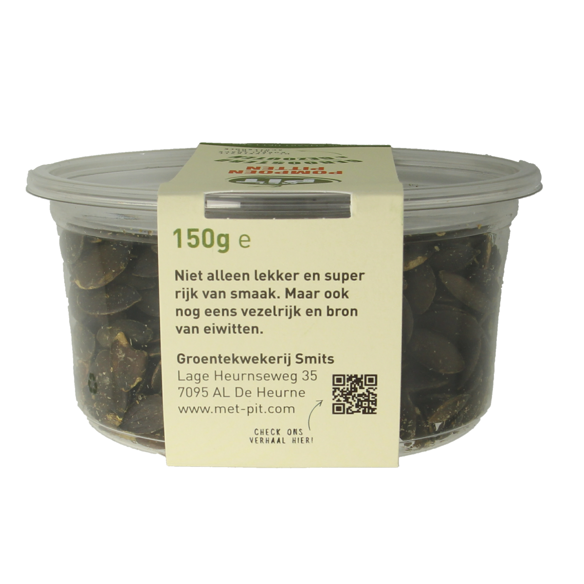 Roasted salted pumpkin seeds from Met PIT, 150g, in a clear bowl showing golden-brown, crunchy pumpkin seeds for snacking.