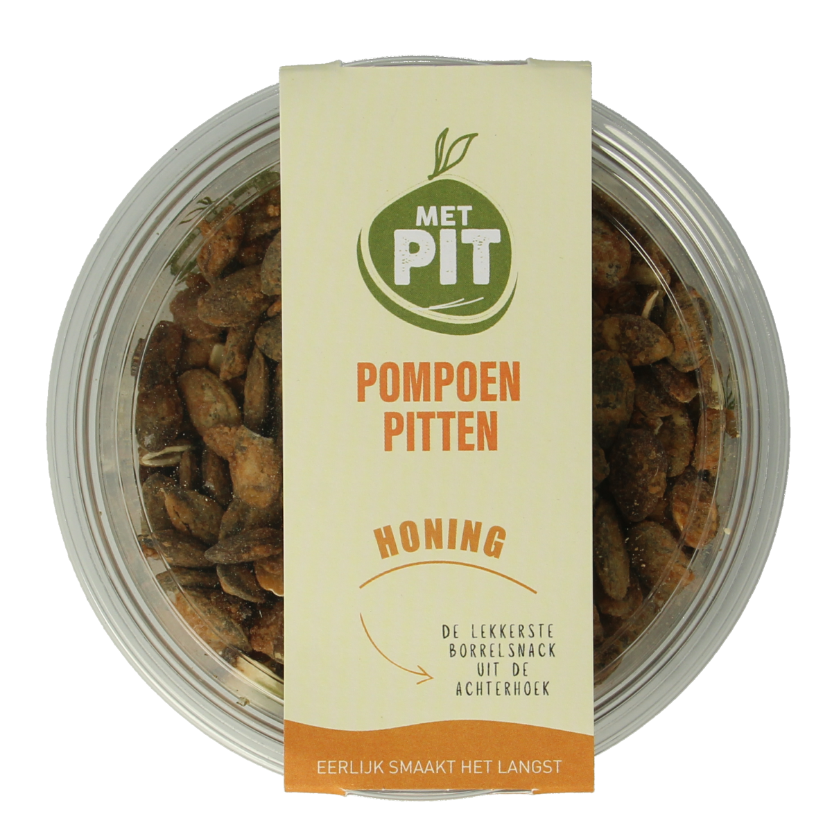 Close-up of Met PIT pumpkin seeds with honey in a bowl, highlighting crunchy snack and natural flavor.