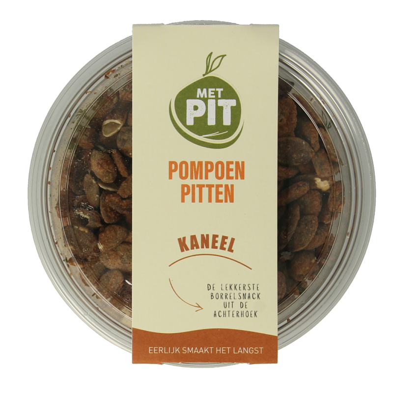 Raw pumpkin seeds with cinnamon in a 150g package from Met PIT, part of the superfoods and raw food product line.