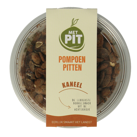 Raw pumpkin seeds with cinnamon in a 150g package from Met PIT, part of the superfoods and raw food product line.