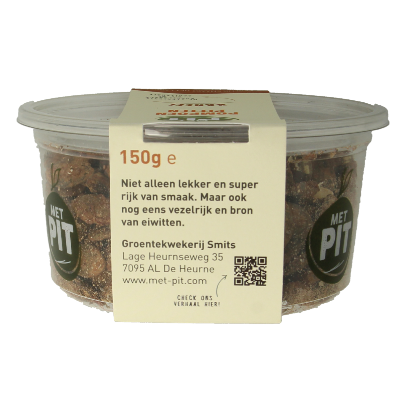 Raw pumpkin seeds with cinnamon in a 150g package from Met PIT, showcasing the product in a clear, close-up image.