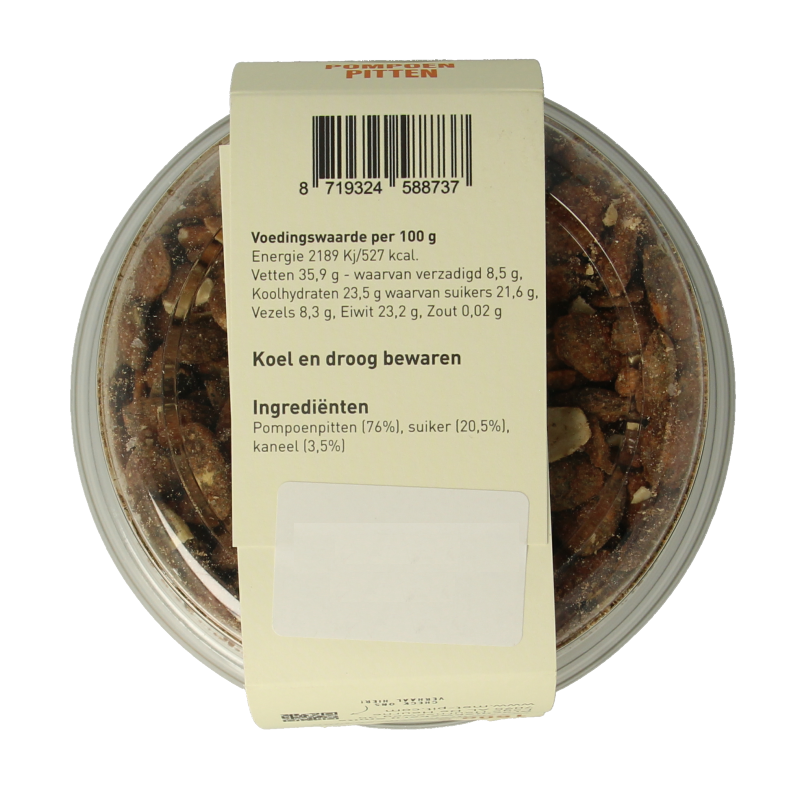 Raw pumpkin seeds with cinnamon from Met PIT superfoods in a 150g package, shown in a close-up image.