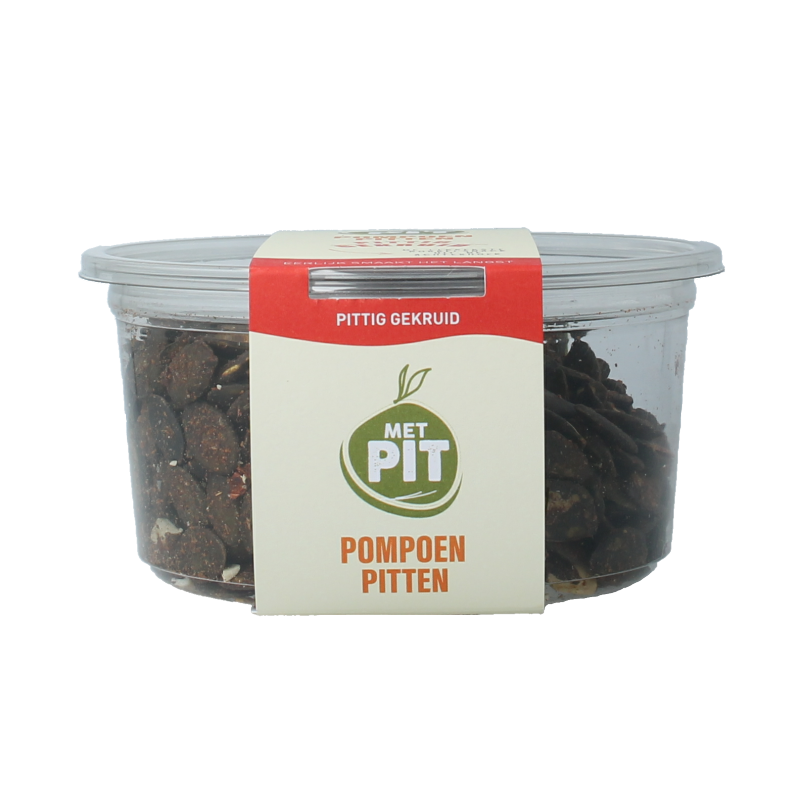 Raw, spicy seasoned pumpkin seeds from Met PIT, 150g, showing colorful, seasoned pumpkin seeds in a clear bowl.