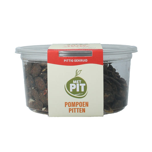 Raw, spicy seasoned pumpkin seeds from Met PIT, 150g, showing colorful, seasoned pumpkin seeds in a clear bowl.