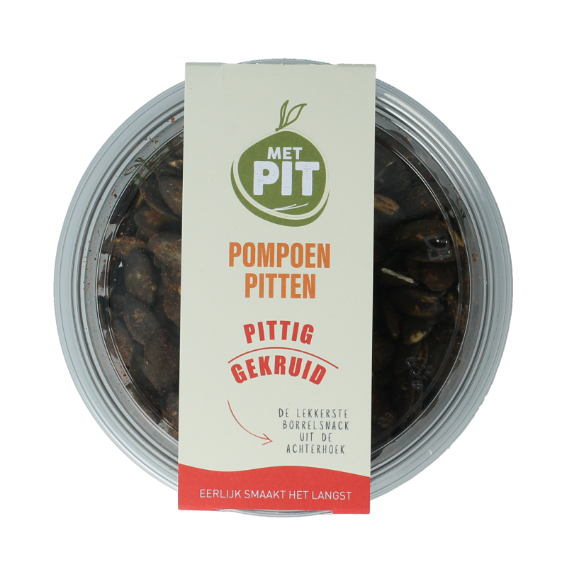Raw, spicy seasoned pumpkin seeds by Met PIT, 150 grams, showing a bowl of crunchy, seasoned pumpkin seeds on a neutral background.