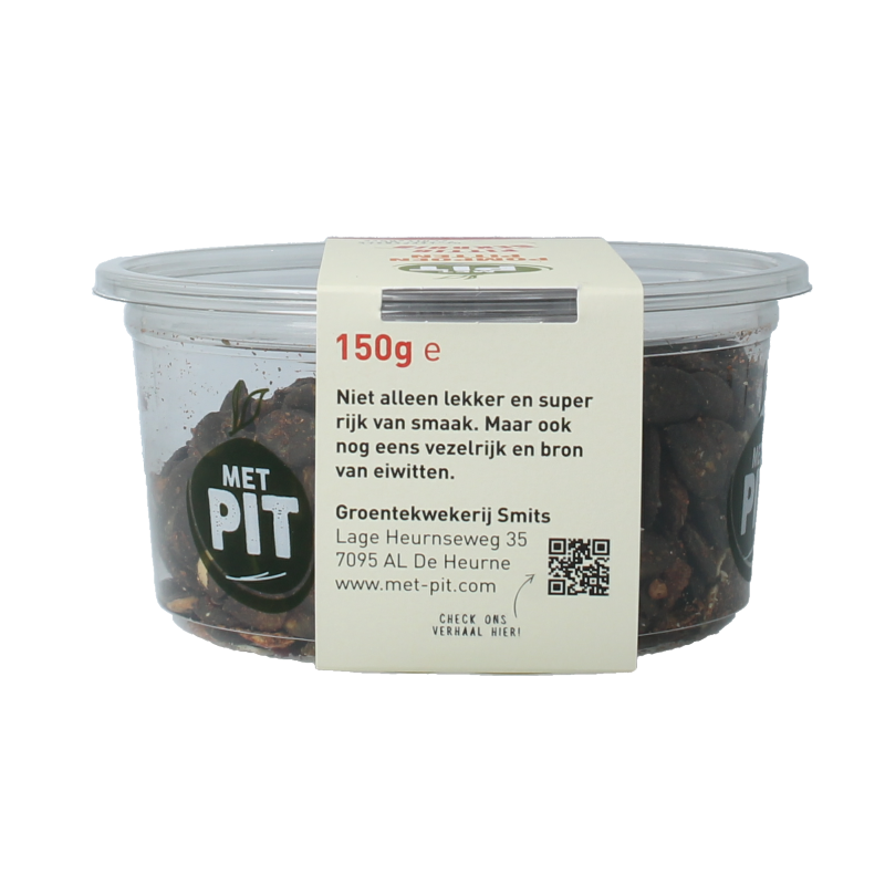 Raw spicy roasted pumpkin seeds by Met PIT, 150g, in a clear bowl showing the crunchy, seasoned pumpkin seeds.