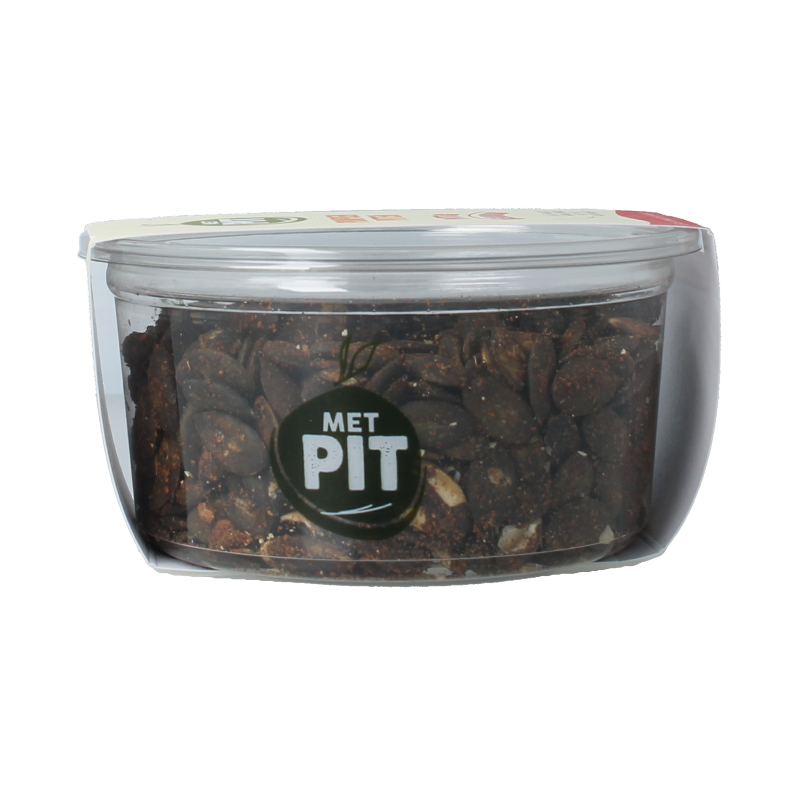 Raw spicy roasted pumpkin seeds from Met PIT, 150g, crispy, flavorful superfood snack in a resealable bag