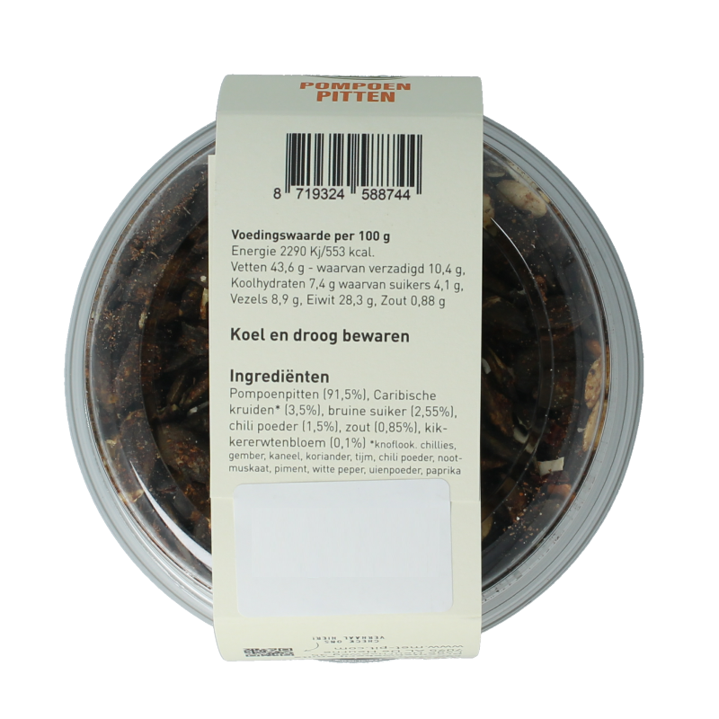 Raw spicy roasted pumpkin seeds from Met PIT, 150g, displayed in a clear bowl with some seeds scattered nearby.