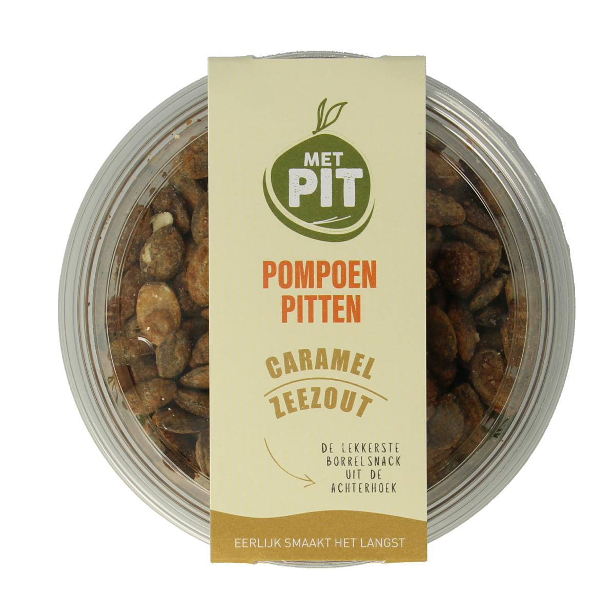 Met PIT caramel pumpkin seed snacks with sea salt in a 150g bag, showing caramel-coated pumpkin seeds topped with sea salt.