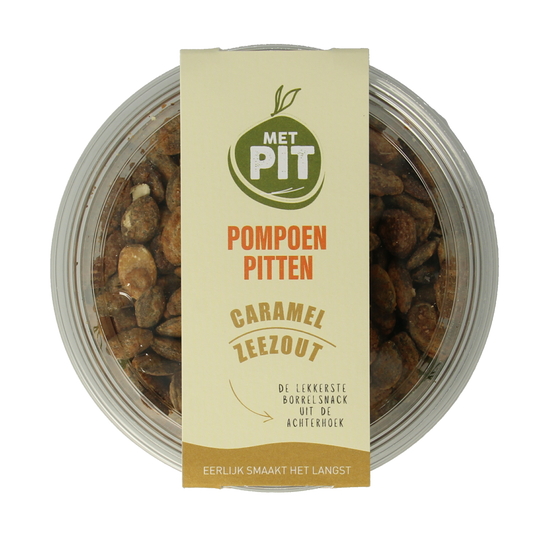 Met PIT caramel pumpkin seed snacks with sea salt in a 150g bag, showing caramel-coated pumpkin seeds topped with sea salt.