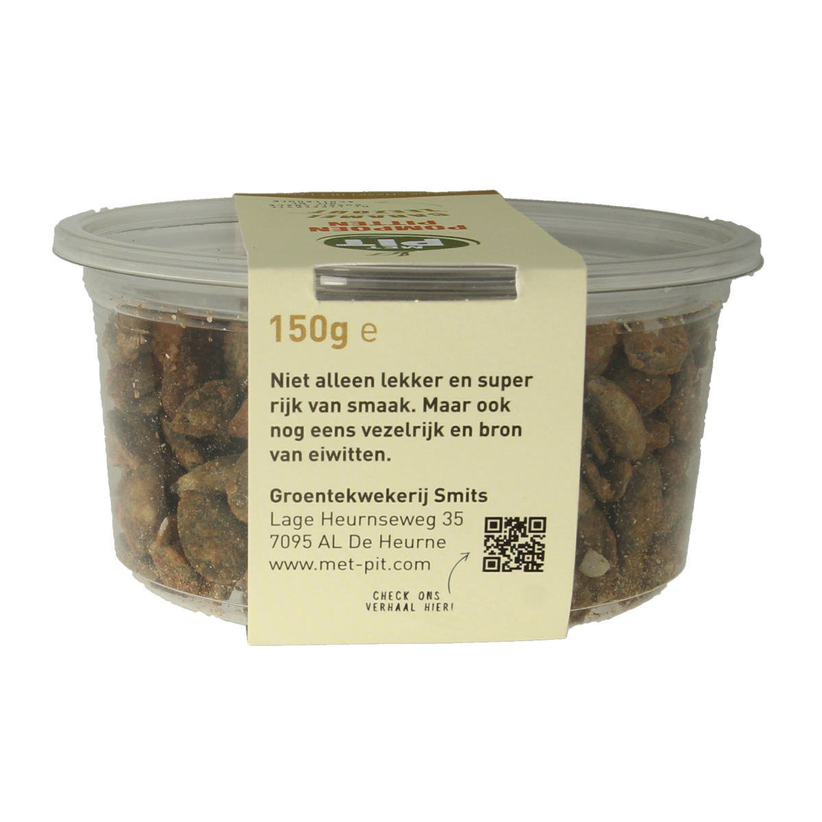 Met PIT caramel pumpkin seed snack with sea salt in a 150g bag, featuring roasted pumpkin seeds coated in caramel and sea salt.