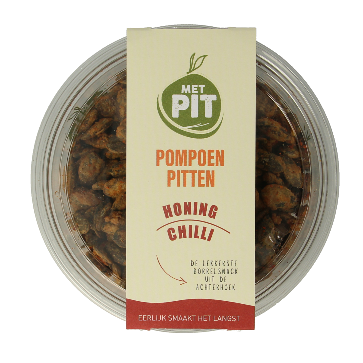 Met PIT pumpkin seed snack with honey and chili, 150 grams, in a clear bag showing golden pumpkin seeds with chili flakes.