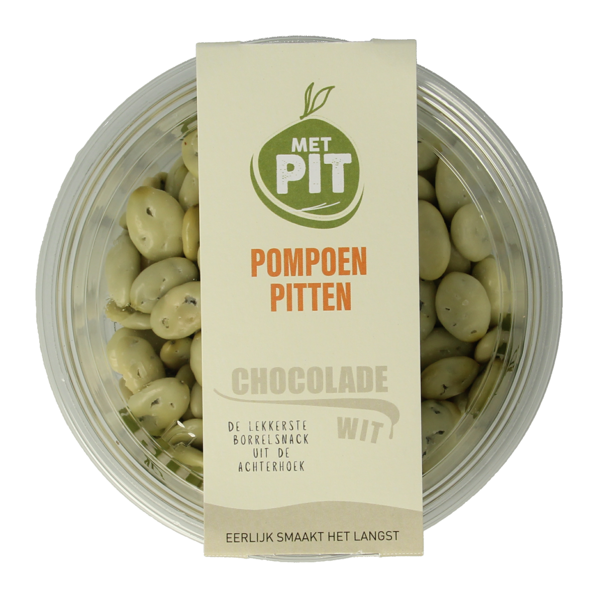 White chocolate pumpkin seed snacks by Met PIT, 150 grams, showing a close-up of the crunchy, coated pumpkin seeds.