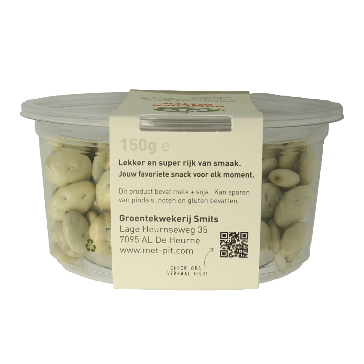 Met PIT witte chocolade pompoenpitten snack in 150g package, crispy pumpkin seeds coated with white chocolate.