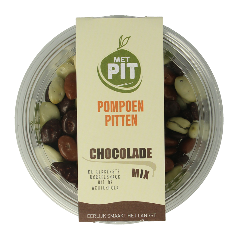 Assorted chocolate-coated pumpkin seed snacks in a 150g package by Met PIT, ideal for healthy snack options.