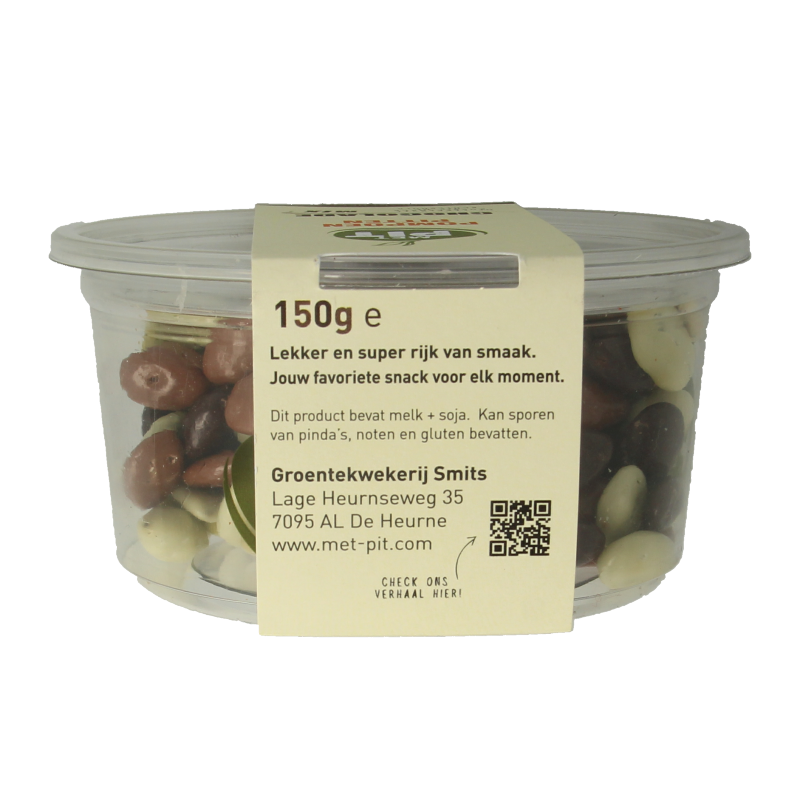 Mixed pumpkin seed snacks with chocolate from Met PIT, 150 grams, in a colorful package.
