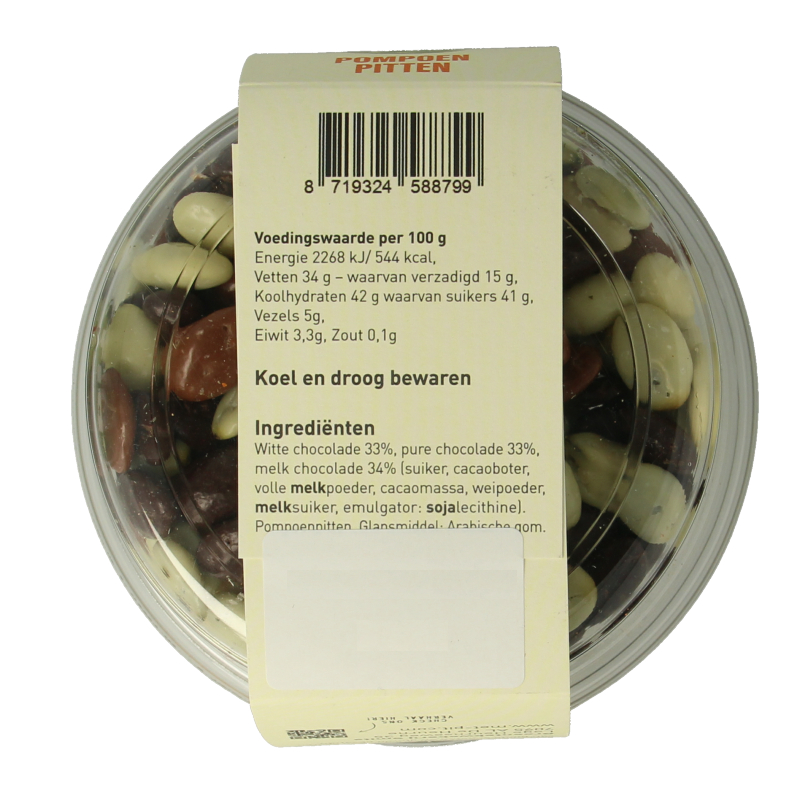 Assorted chocolate-coated pumpkin seed snacks in a 150g package from Met PIT, perfect for snacks and quick bites.