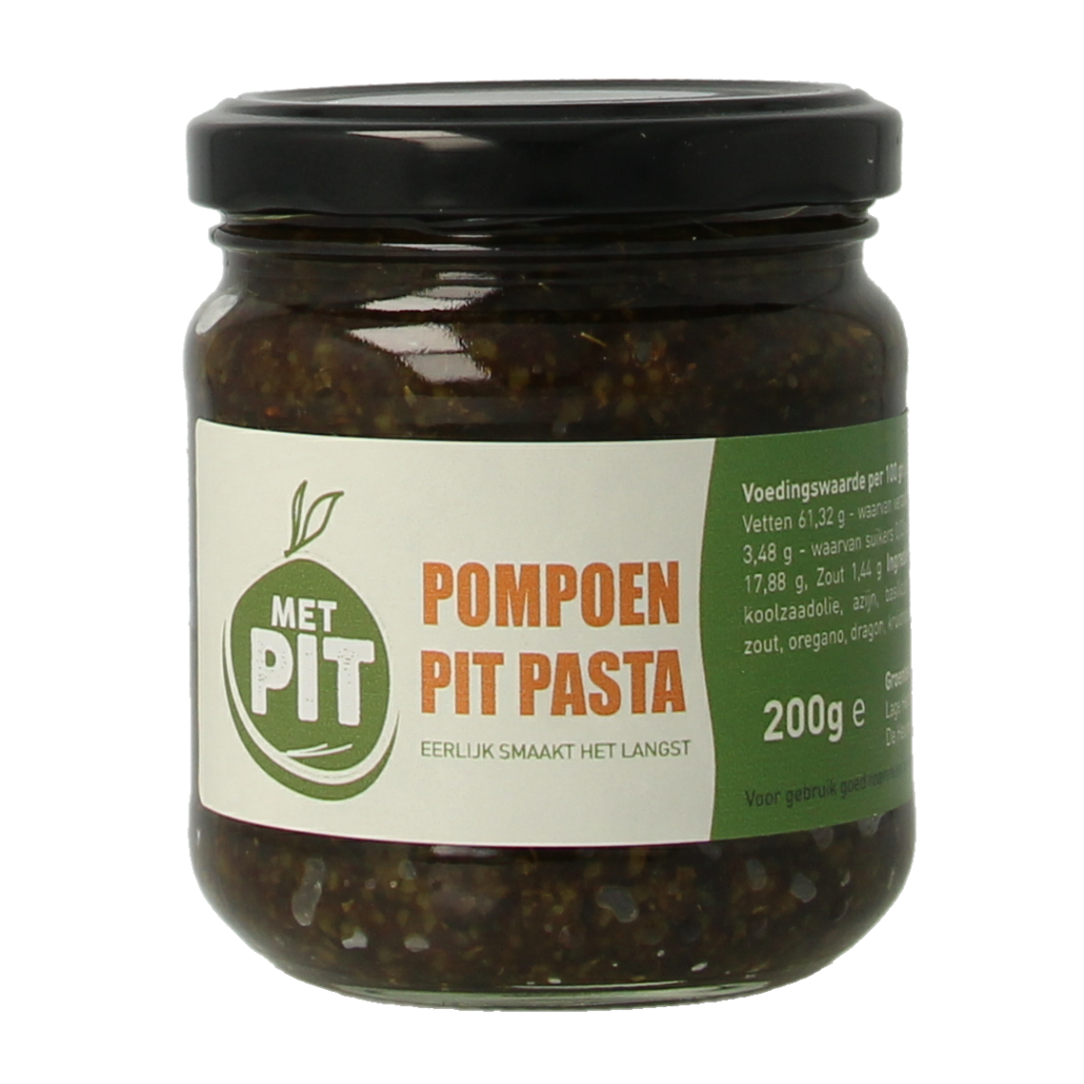 Raw pumpkin seed pasta by Met PIT, 200g, shown in a clear package, highlighting the superfood and natural product features.