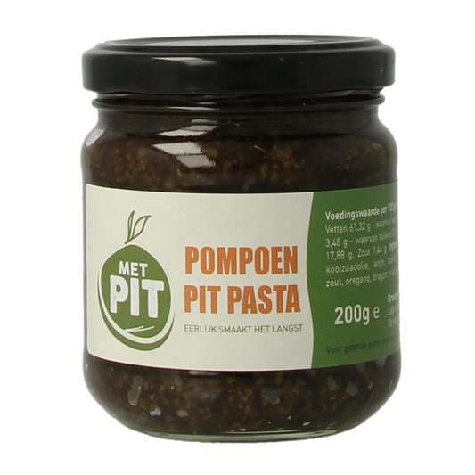 Raw pumpkin seed pasta by Met PIT, 200g, shown in a clear package, highlighting the superfood and natural product features.