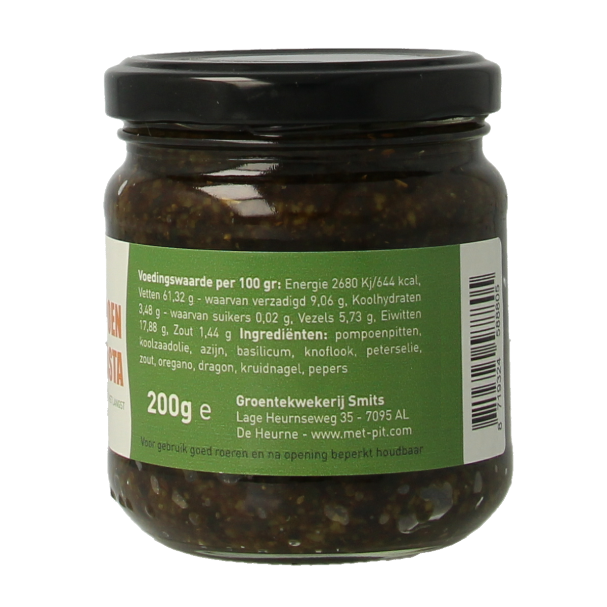 Raw Met PIT pumpkin seed pasta in 200g package, superfood product with vibrant pumpkin seed appearance.