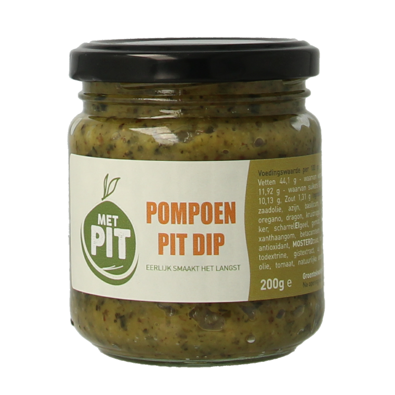 Met PIT Pompoenpit dip in a 200g container, creamy pumpkin seed sauce, ideal for snacks and flavoring dishes.