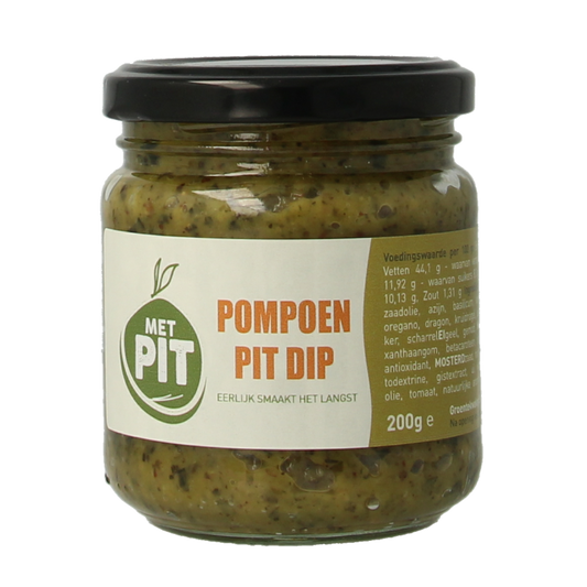 Met PIT Pompoenpit dip in a 200g container, creamy pumpkin seed sauce, ideal for snacks and flavoring dishes.
