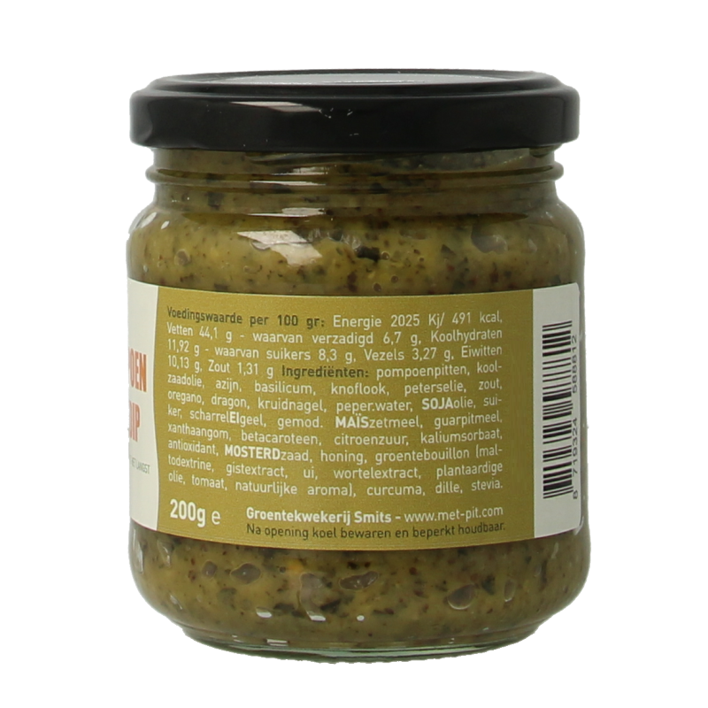 Met PIT Pompoenpit dip in a 200g jar, creamy pumpkin seed sauce, ideal as a flavorful condiment or snack accompaniment.
