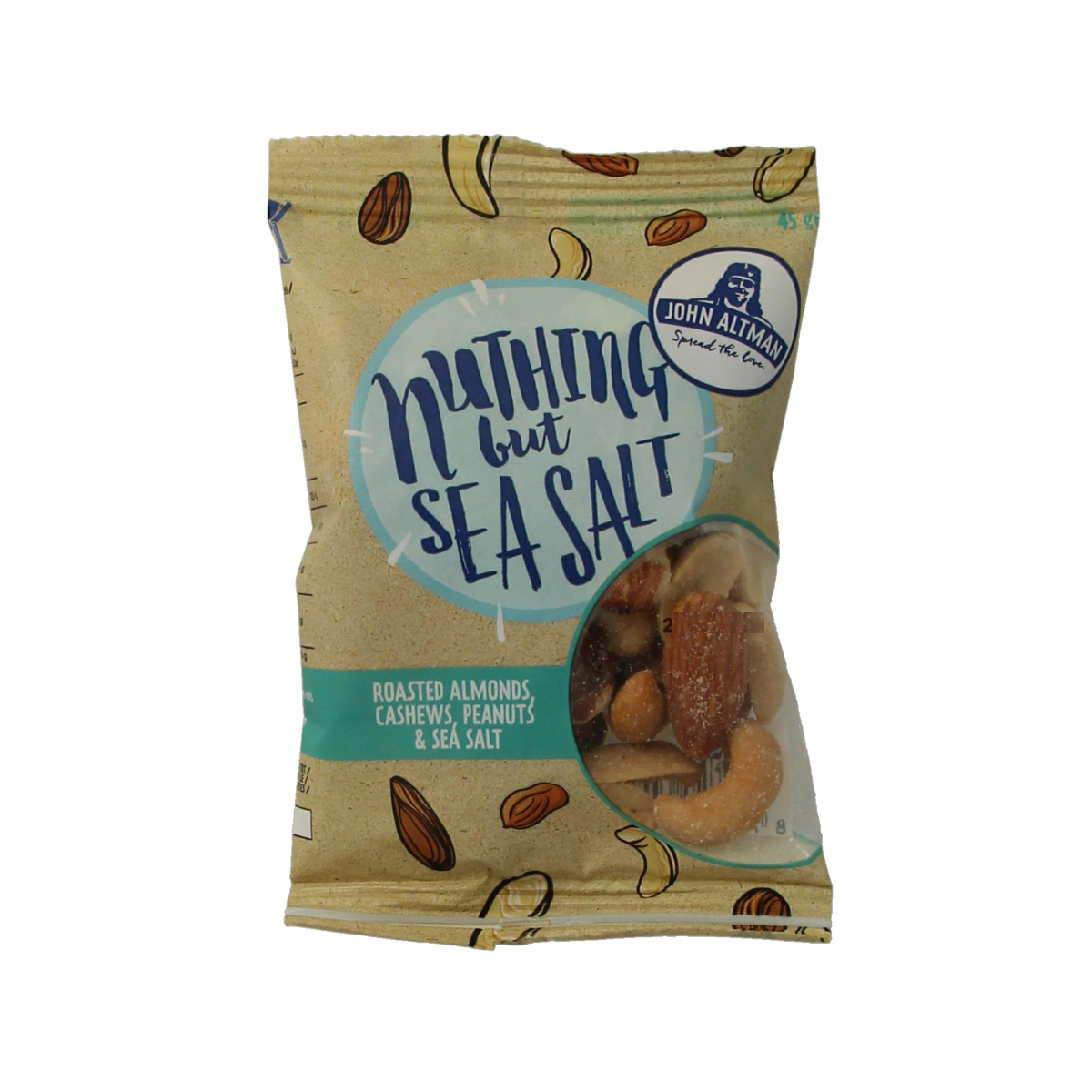 Raw mixed nuts with sea salt from John Altman, 45g, featuring a variety of crunchy, salted nuts in a clear container