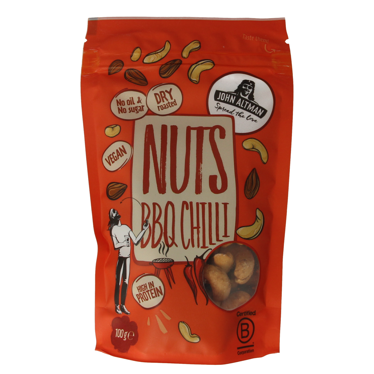 Raw mixed nuts with BBQ chili flavor in a 100g package from John Altman, featuring a variety of roasted nuts with spicy seasoning.