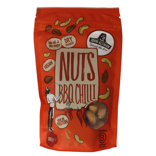 Raw mixed nuts with BBQ chili flavor in a 100g package from John Altman, featuring a variety of roasted nuts with spicy seasoning.