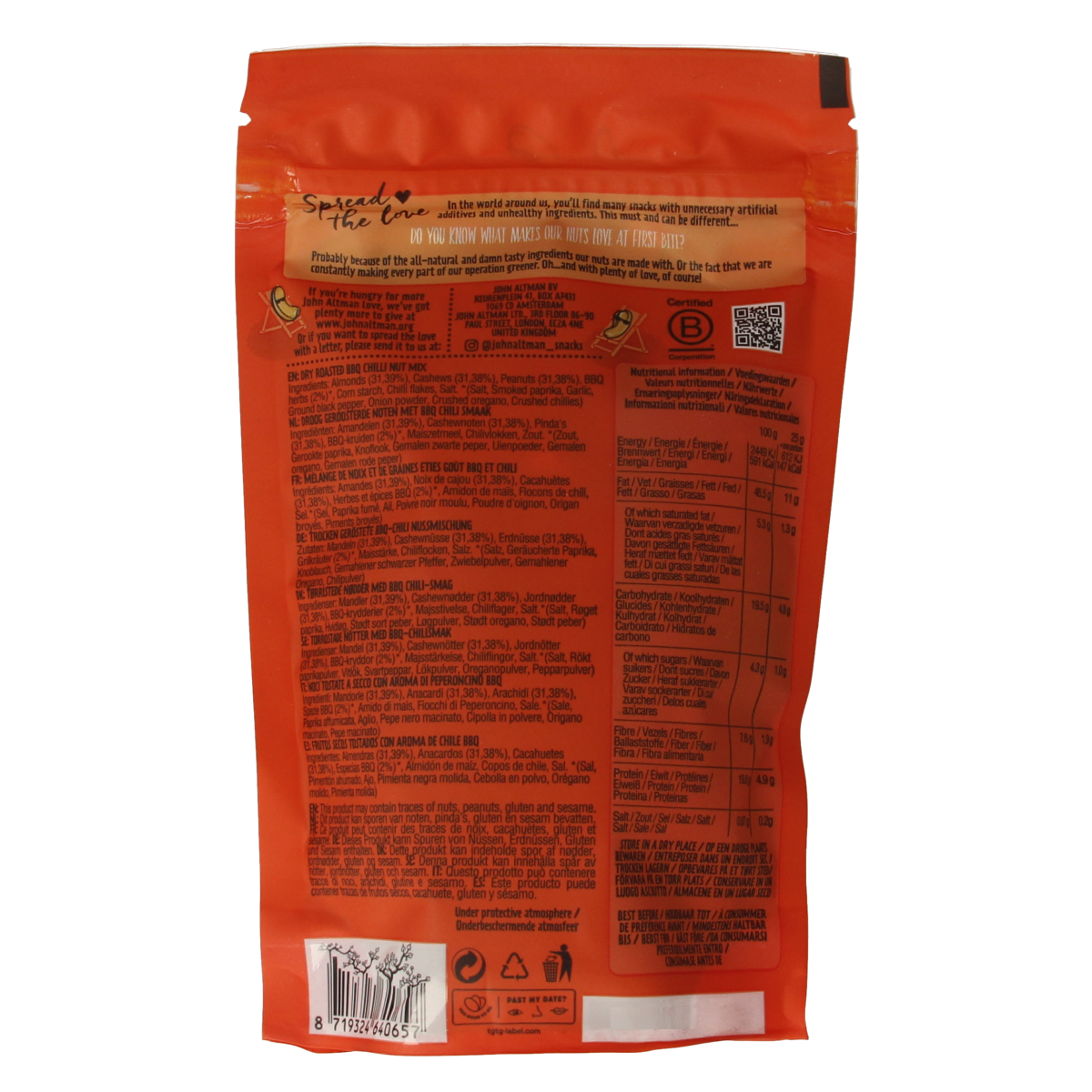 Raw mixed nuts with BBQ chili seasoning in a 100g package from John Altman, perfect for snacks or healthy eating.