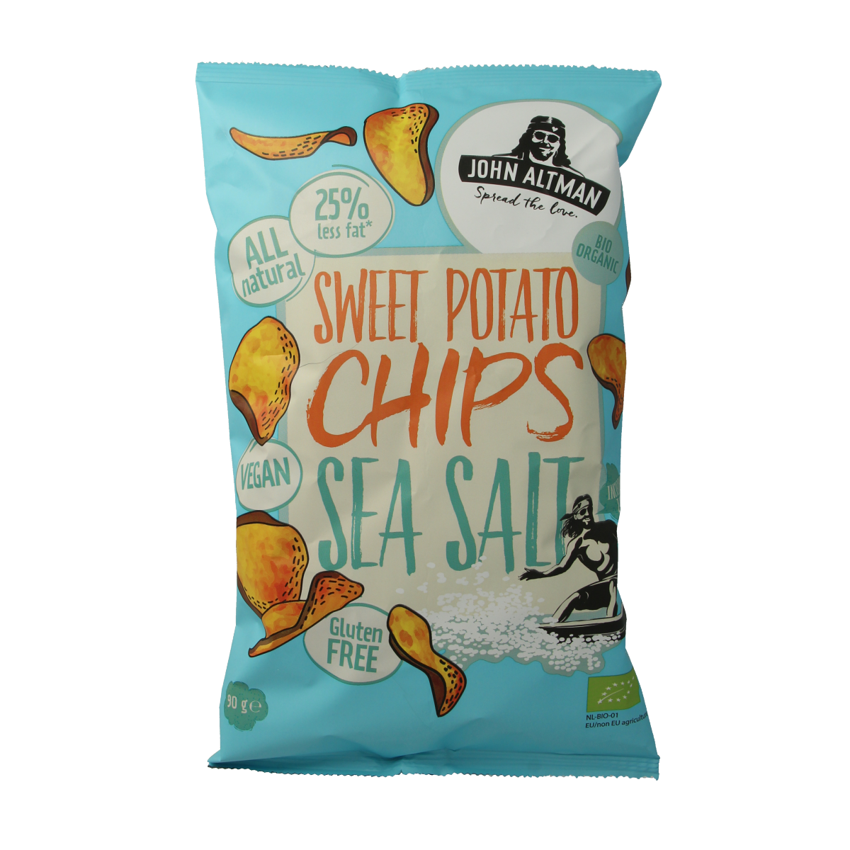 John Altman organic sweet potato chips with sea salt in a 90g package, showcasing crispy, golden chips seasoned with sea salt.