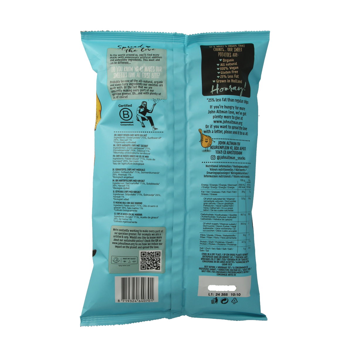 John Altman organic sweet potato chips with sea salt, 90g, showing crispy, golden chips in a natural setting