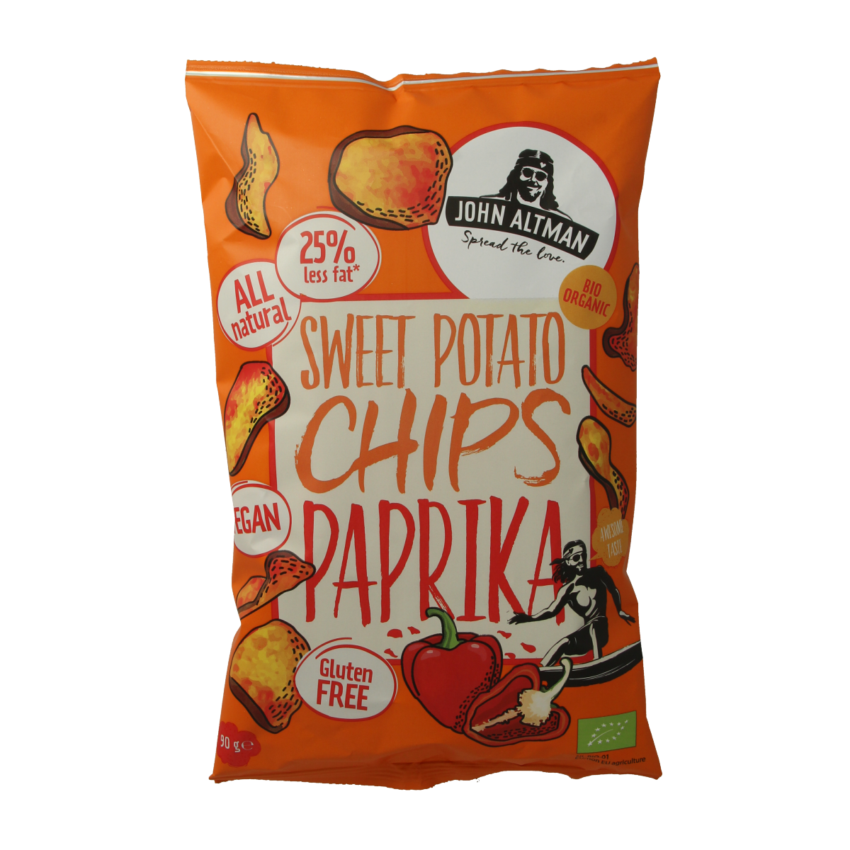 John Altman organic paprika sweet potato chips in a 90g bag, crispy and flavorful snack with vibrant paprika seasoning.