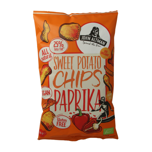 John Altman organic paprika sweet potato chips in a 90g bag, crispy and flavorful snack with vibrant paprika seasoning.