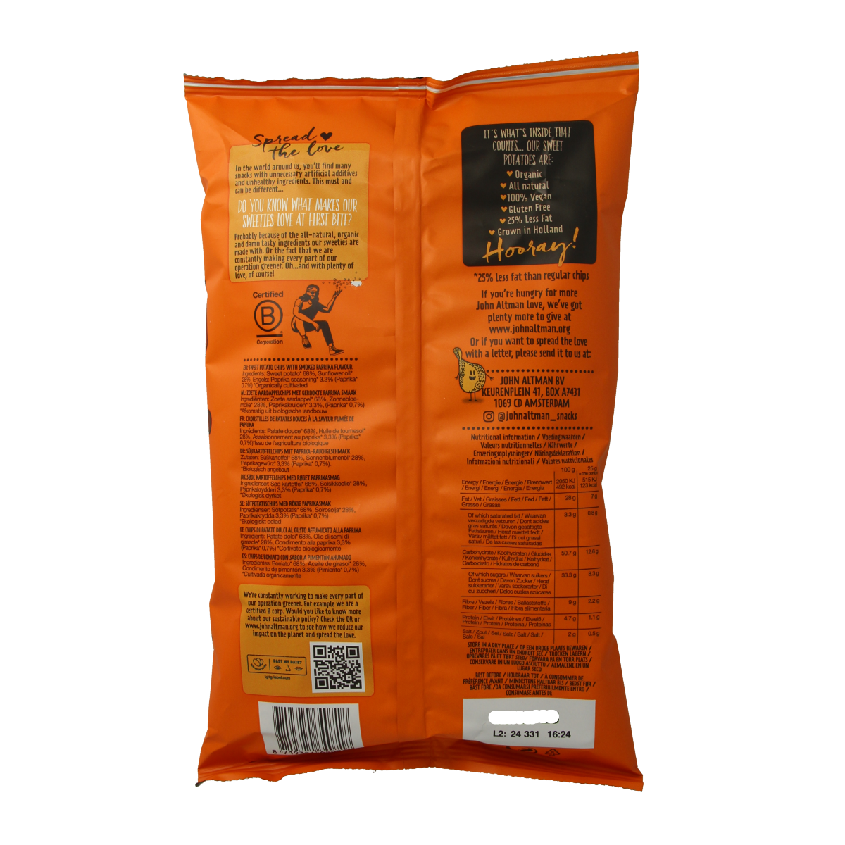 John Altman organic sweet potato chips with paprika flavor, 90g, showcasing crispy, seasoned chips in a natural snack setting.
